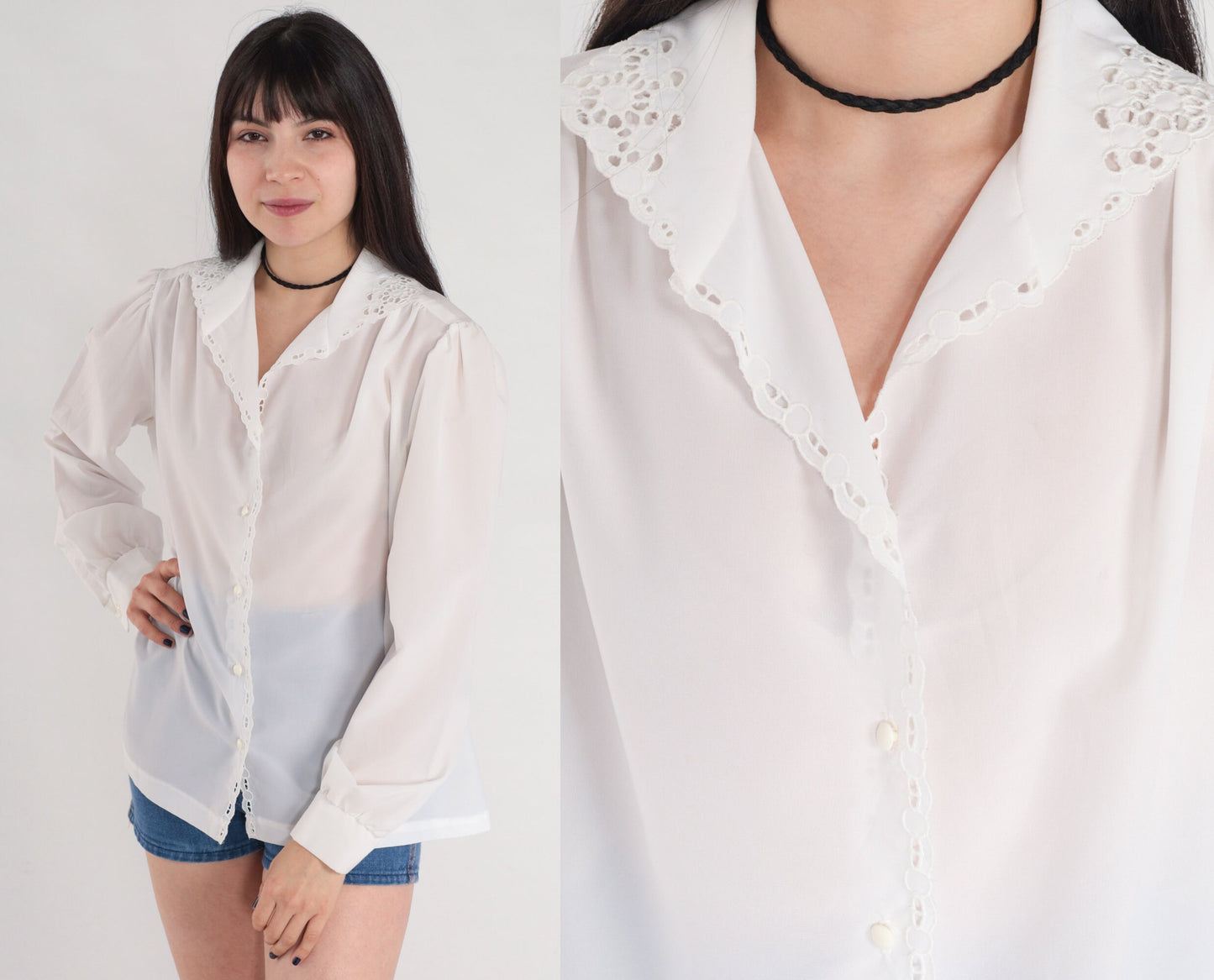 80s White Eyelet Button-Up Blouse Puff Sleeve Lace Trim Large L
