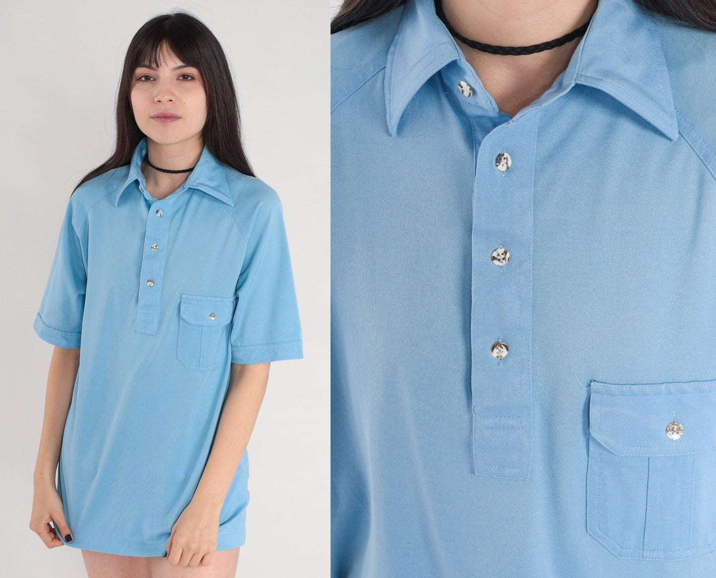 70s Blue Polo Shirt Half Button Raglan Sleeve Collared Top Medium