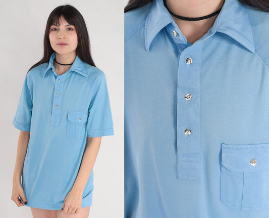 70s Blue Polo Shirt Half Button Raglan Sleeve Collared Top Medium