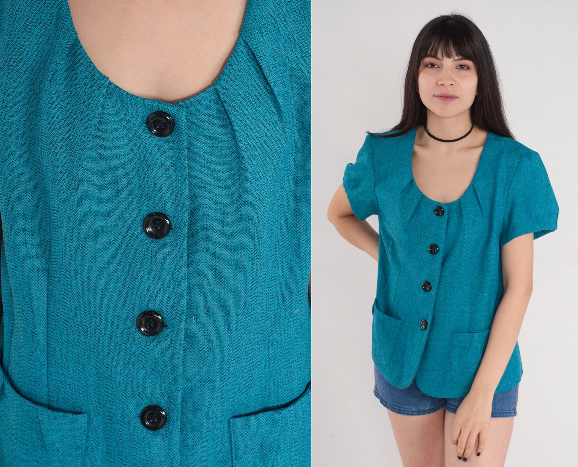 90s Blue Puff Sleeve Button-Up Blouse Secretary Top Medium