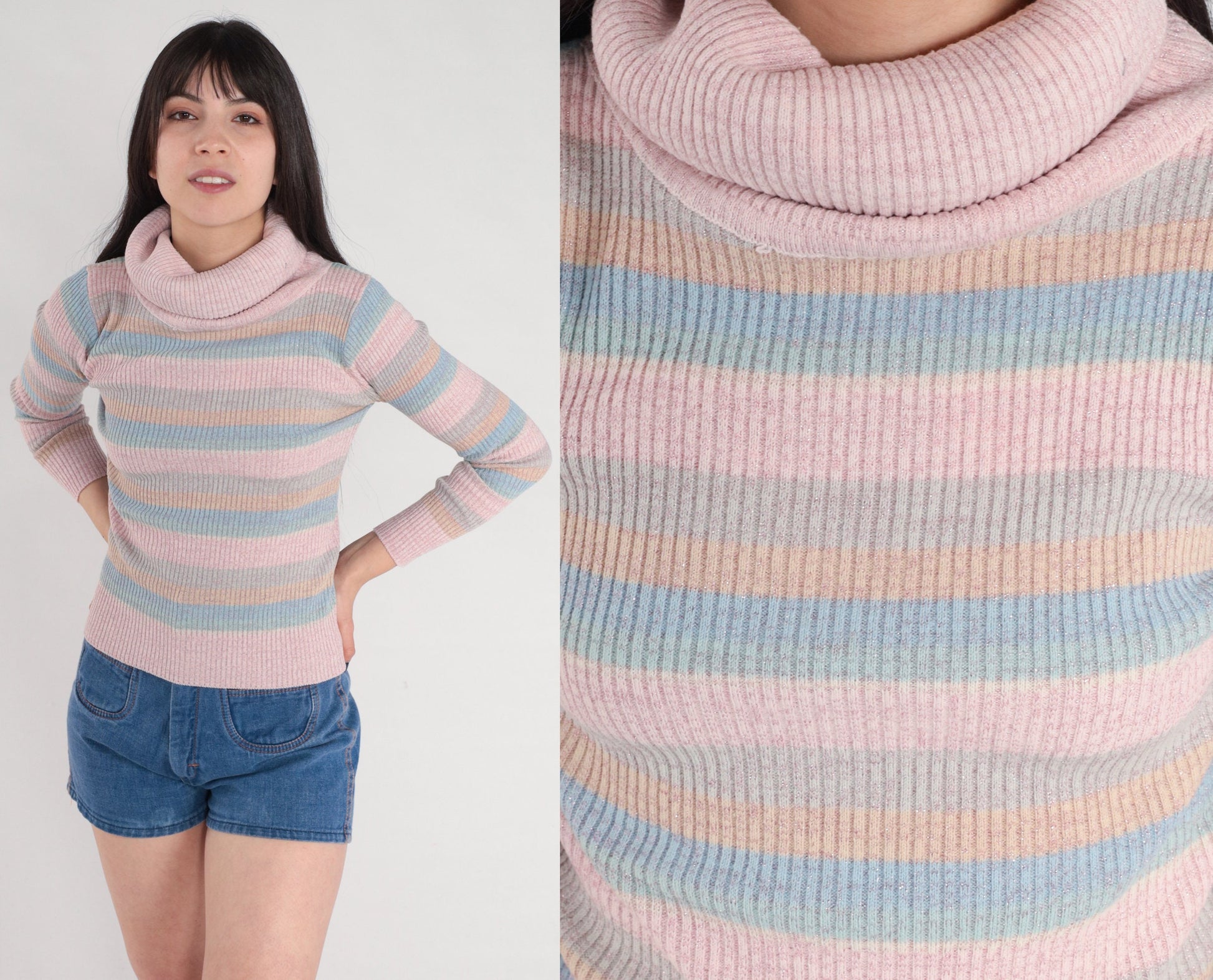 80s Sparkly Striped Ribbed Knit Turtleneck Sweater Pastel Pink Blue Orange Small