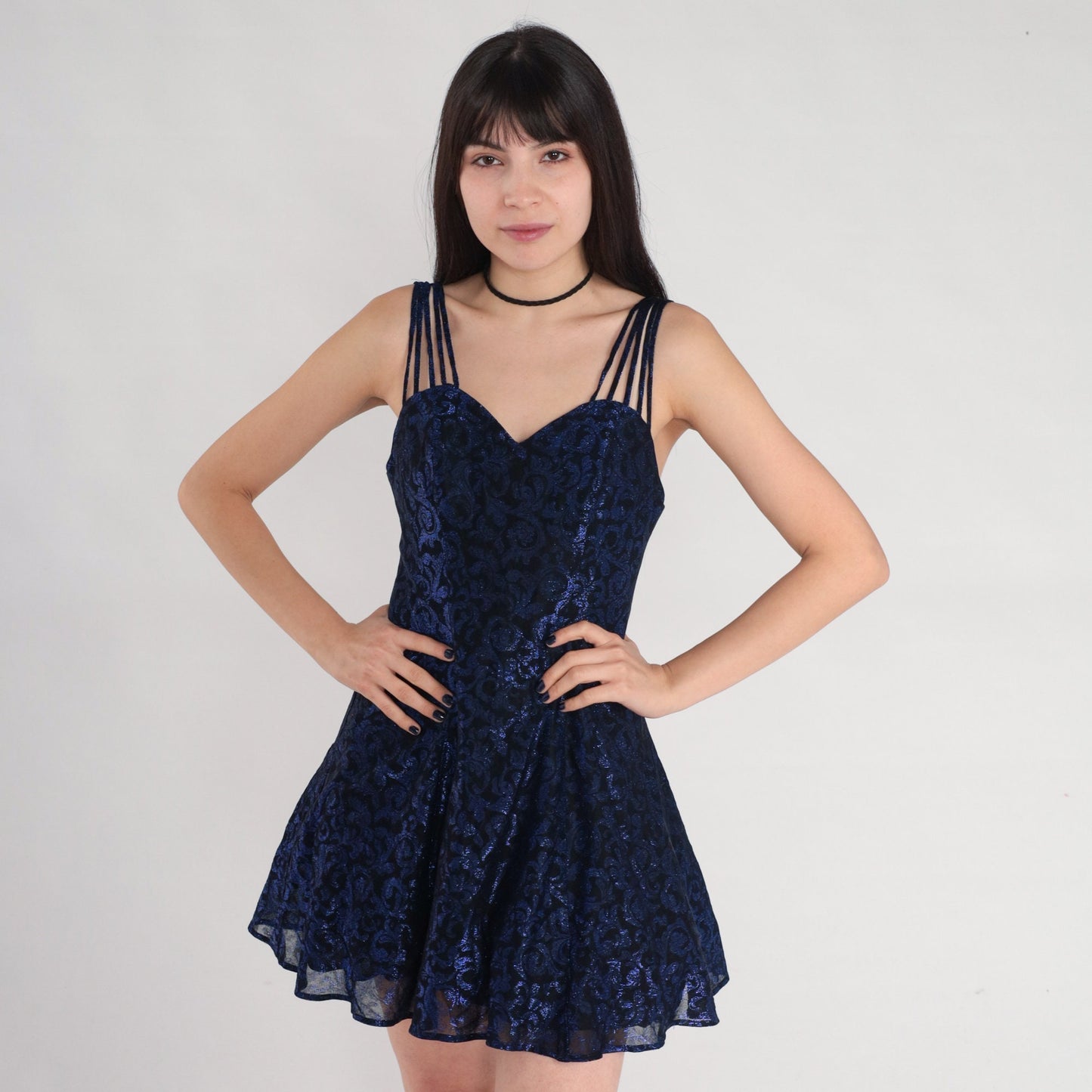 80s Black Metallic Blue Swirl Mini Dress Sweetheart Neckline XS
