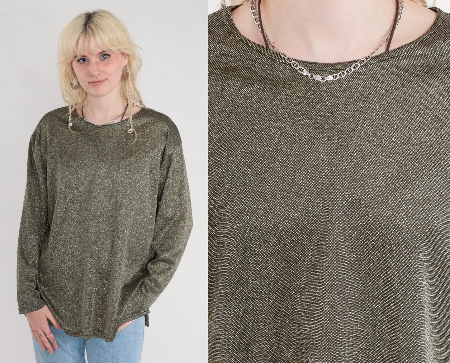 90s Gold Metallic Blouse Long Sleeve Side Slit Party Top Medium