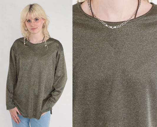 90s Gold Metallic Blouse Long Sleeve Side Slit Party Top Medium