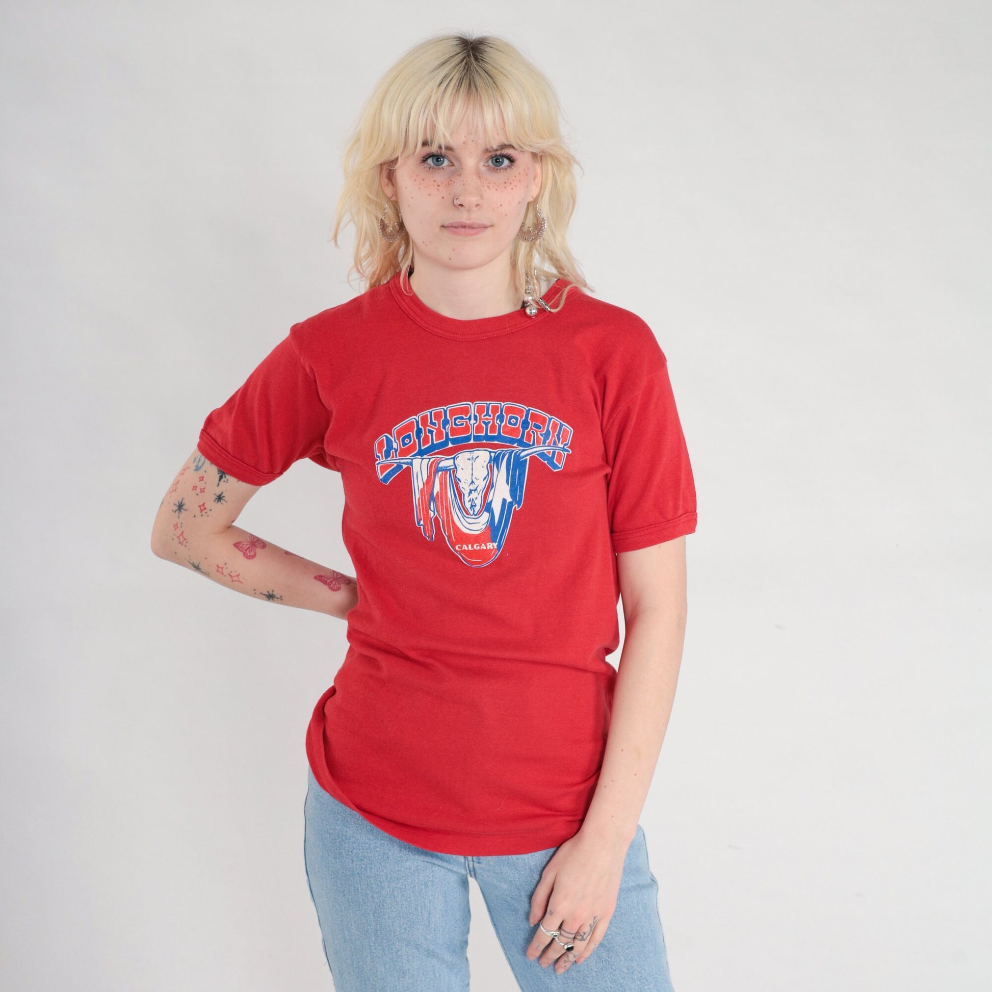 80s Calgary Longhorns Baseball T-Shirt Red Graphic Tee Single Stitch Small