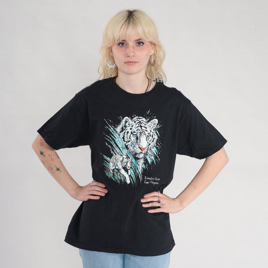Y2K White Tiger Glitter Graphic Tee Extinction is Forever Black Medium