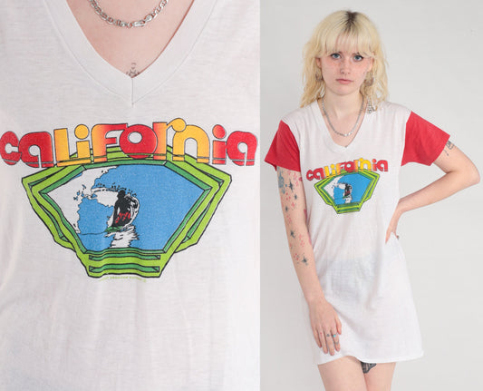 80s California Surfer Graphic T-Shirt Dress Mini White Red Sleeves Small Medium