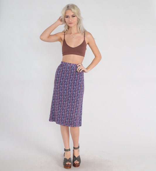60s Purple Paisley Midi Skirt High Waisted Striped Floral Print Extra Small XS