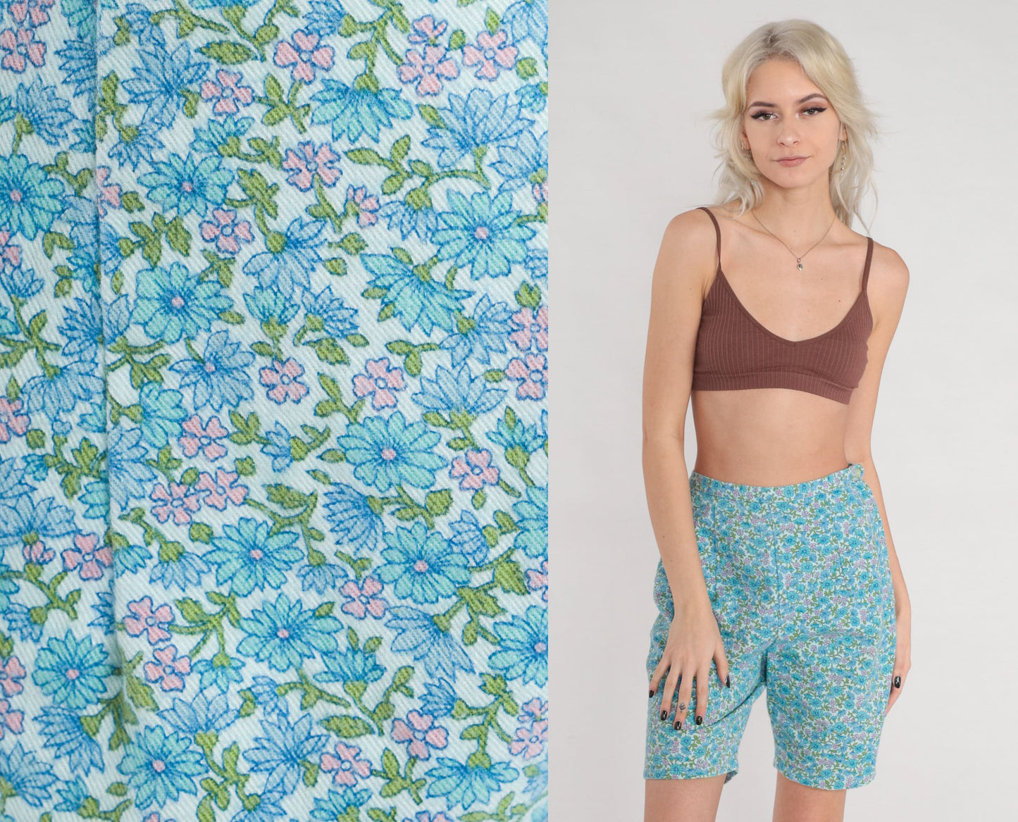 70s Blue Floral High-Waisted Shorts Cotton Flower Print Small S