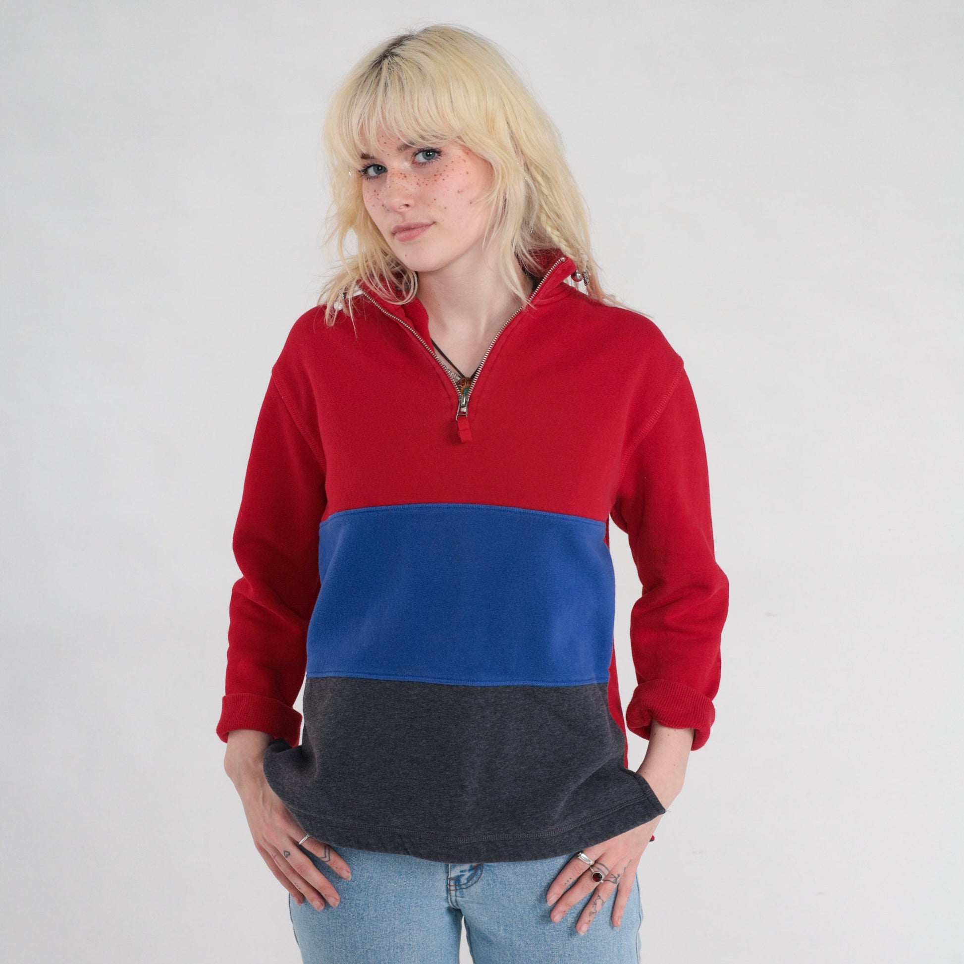 80s Pacers Quarter Zip Sweatshirt Striped Color Block Red Blue Grey Small