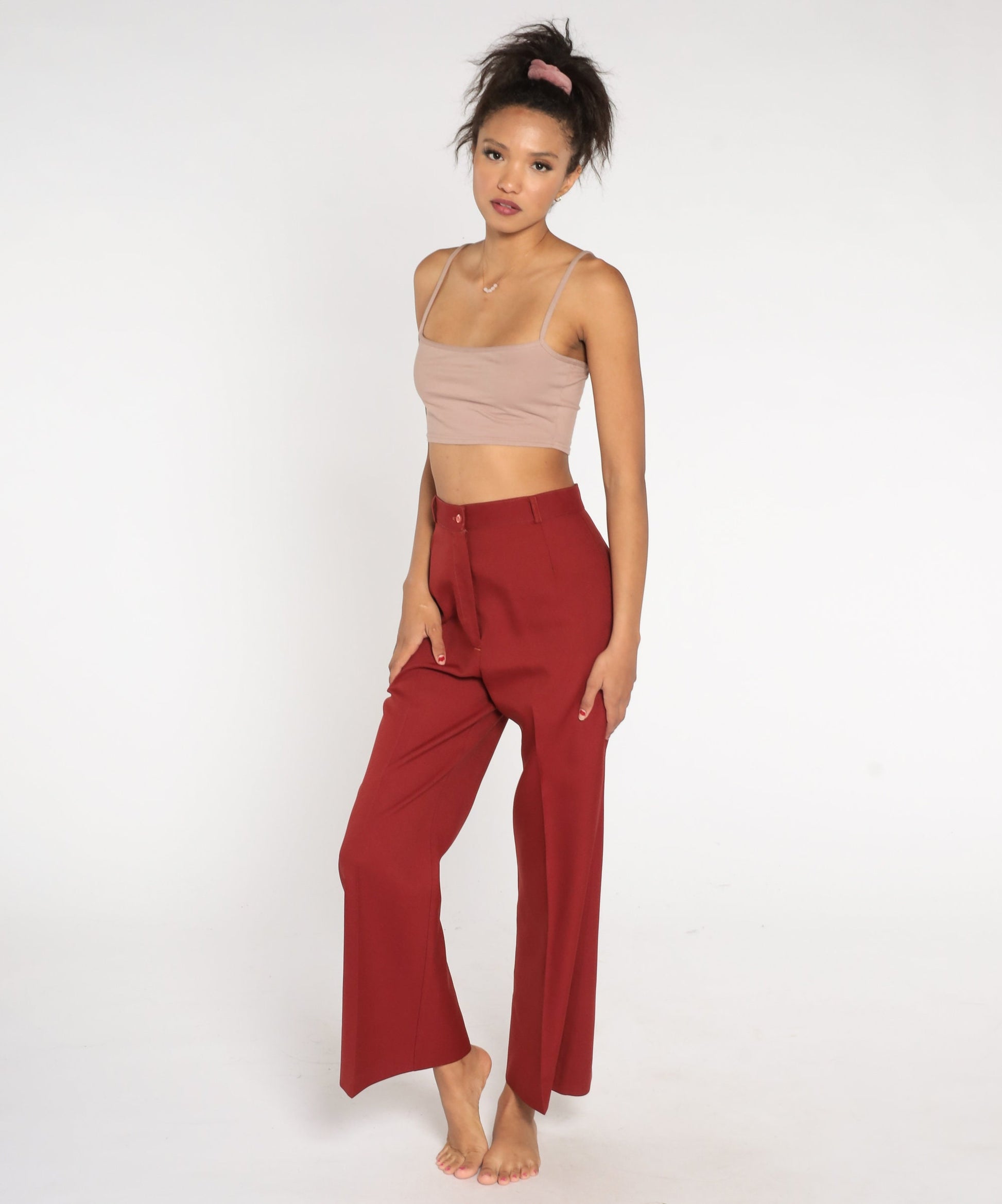 70s Red High-Waisted Bell Bottom Pants Small