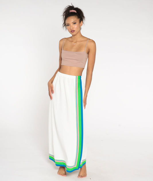 70s White Striped Maxi Skirt High Waist Long Vintage Medium Large