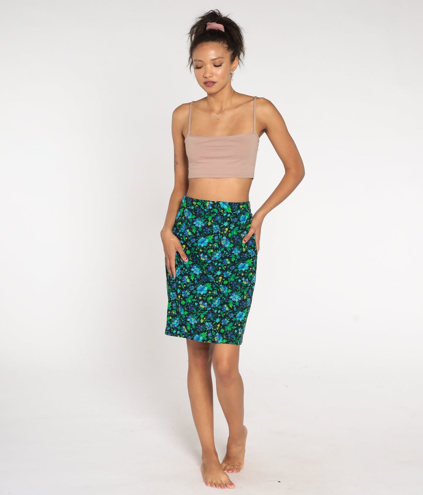 90s United Colors of Benetton Floral Mini Skirt Green Blue High Waist Small