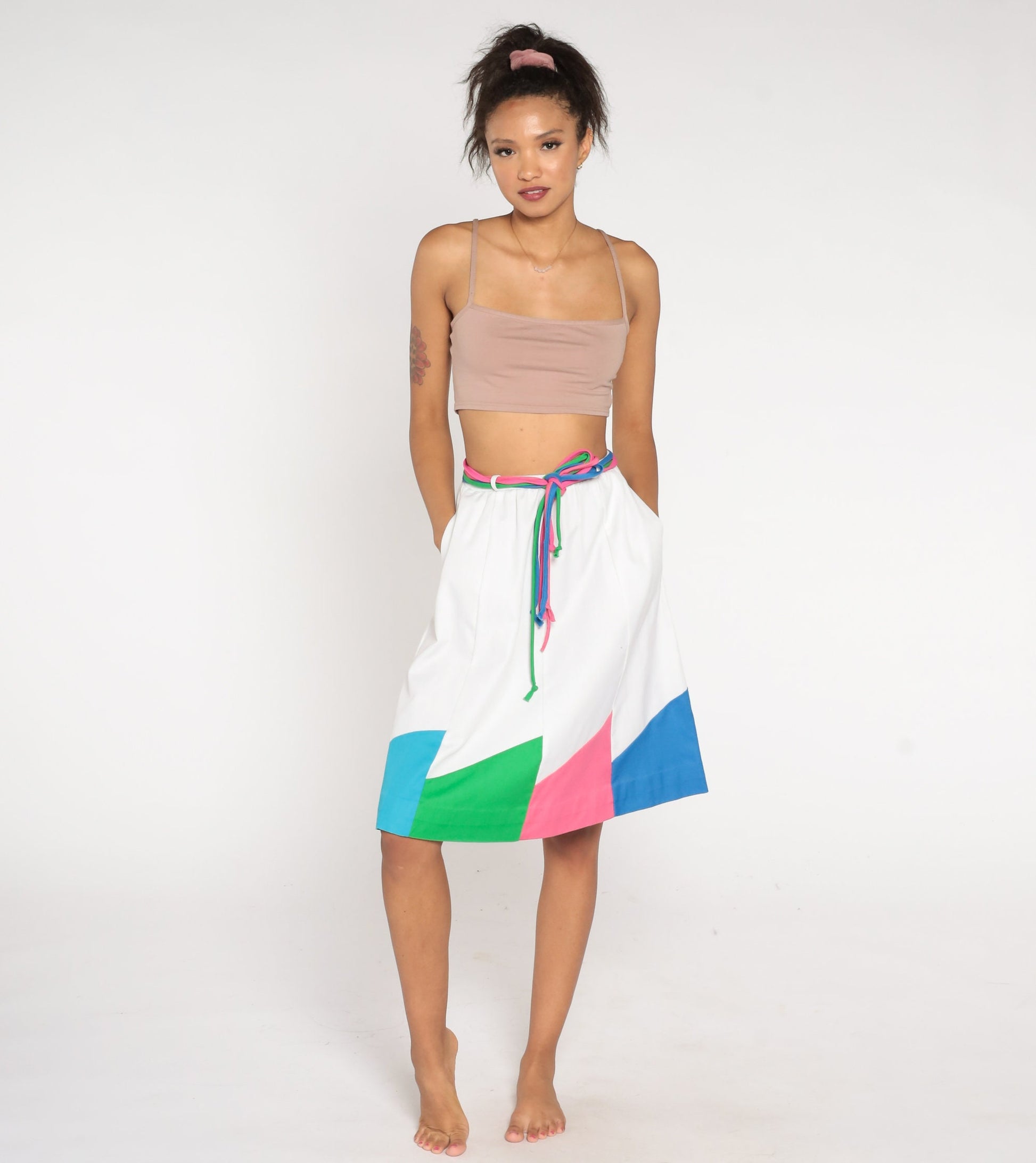80s Color Block A-Line Skirt White Pink Blue High Waist Belted Pockets Extra Small