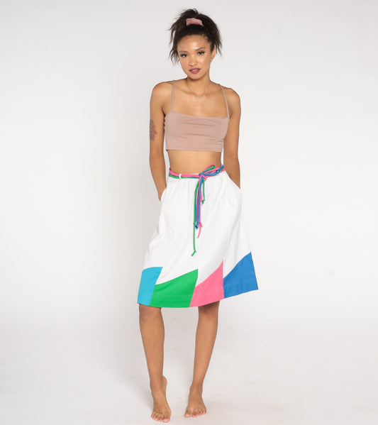 80s Color Block A-Line Skirt White Pink Blue High Waist Belted Pockets Extra Small