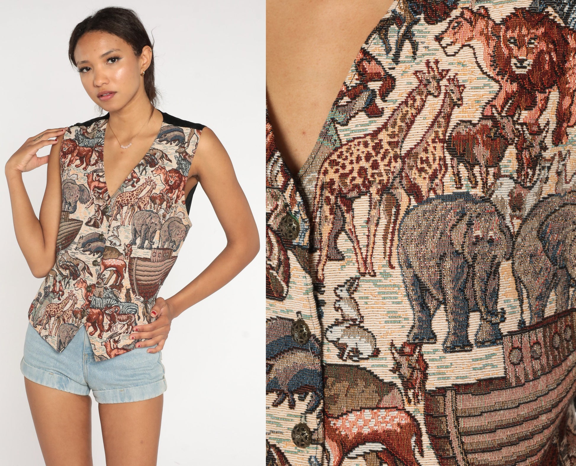 90s Noah's Ark Animal Print Tapestry Vest Sleeveless Jacket Medium Large