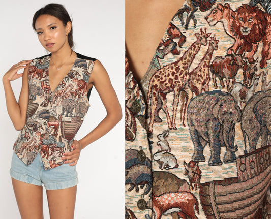 90s Noah's Ark Animal Print Tapestry Vest Sleeveless Jacket Medium Large