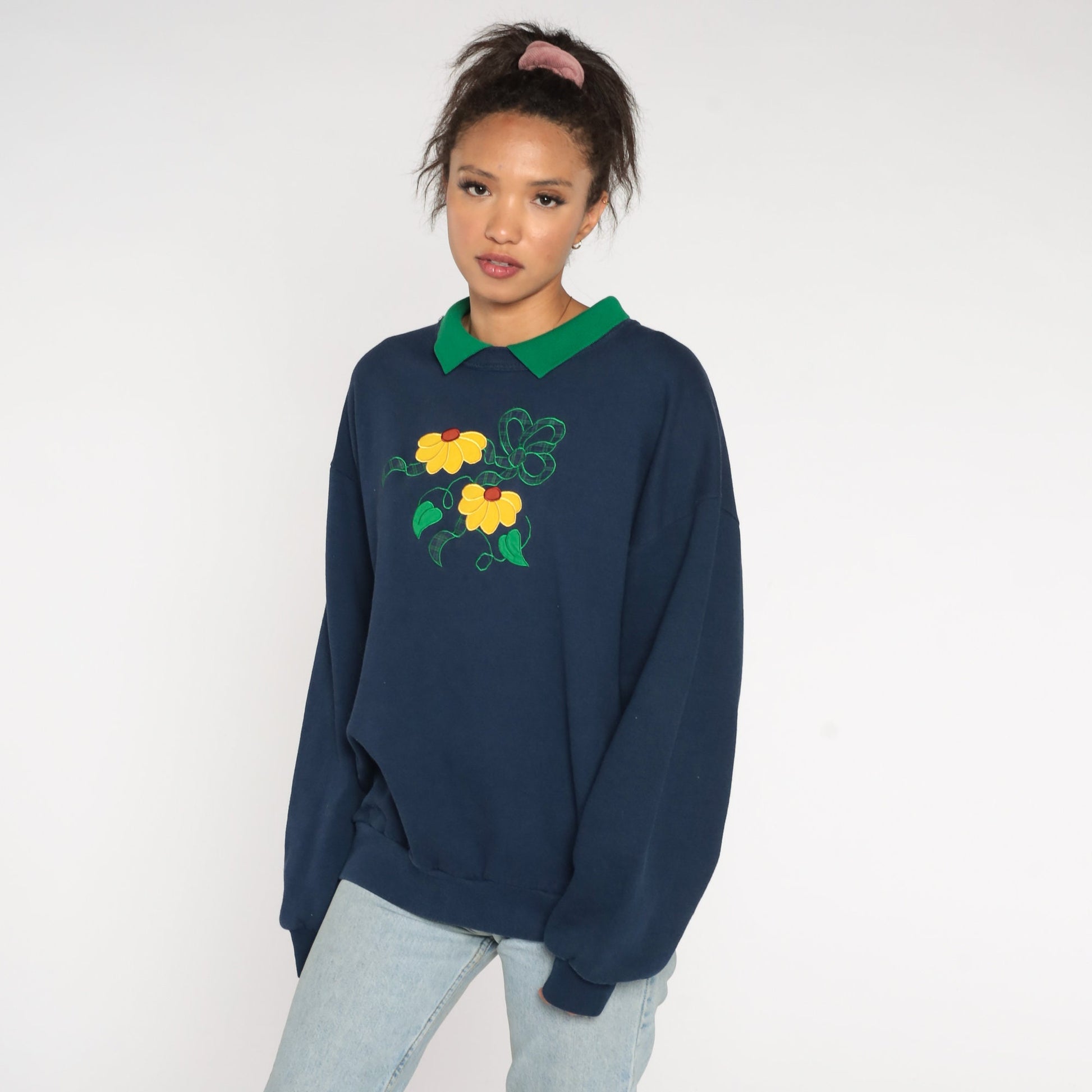90s Jerzees Collared Floral Sweatshirt Navy Blue Black Eyed Susan Extra Large XXL