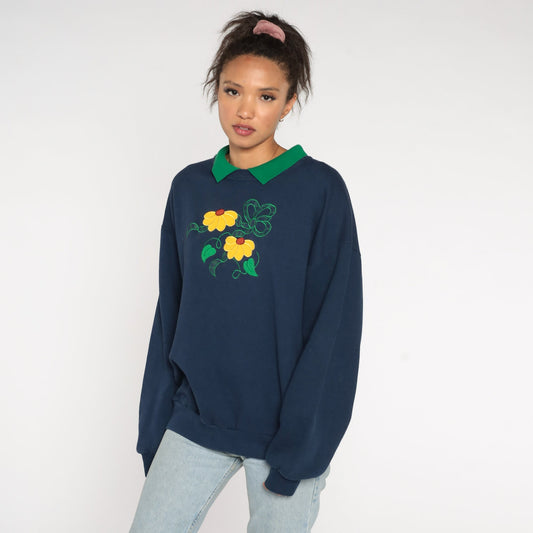 90s Jerzees Collared Floral Sweatshirt Navy Blue Black Eyed Susan Extra Large XXL