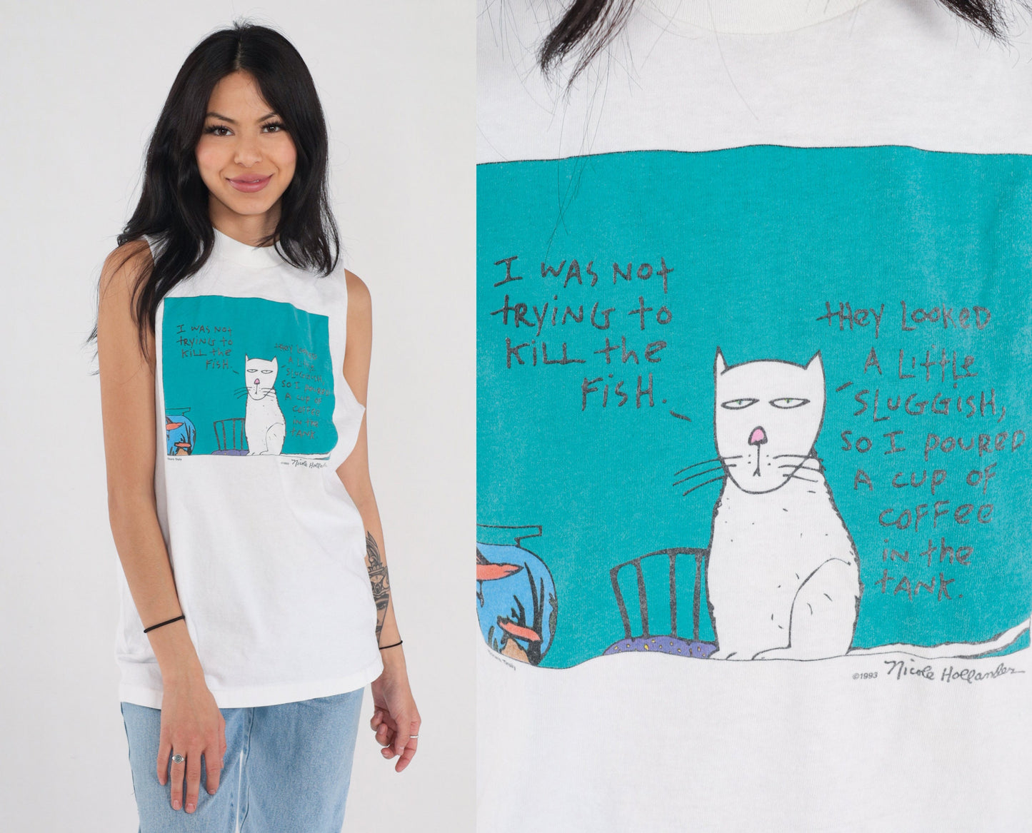 90s Evil Cat Graphic Tank Top Nicole Hollander White Medium M