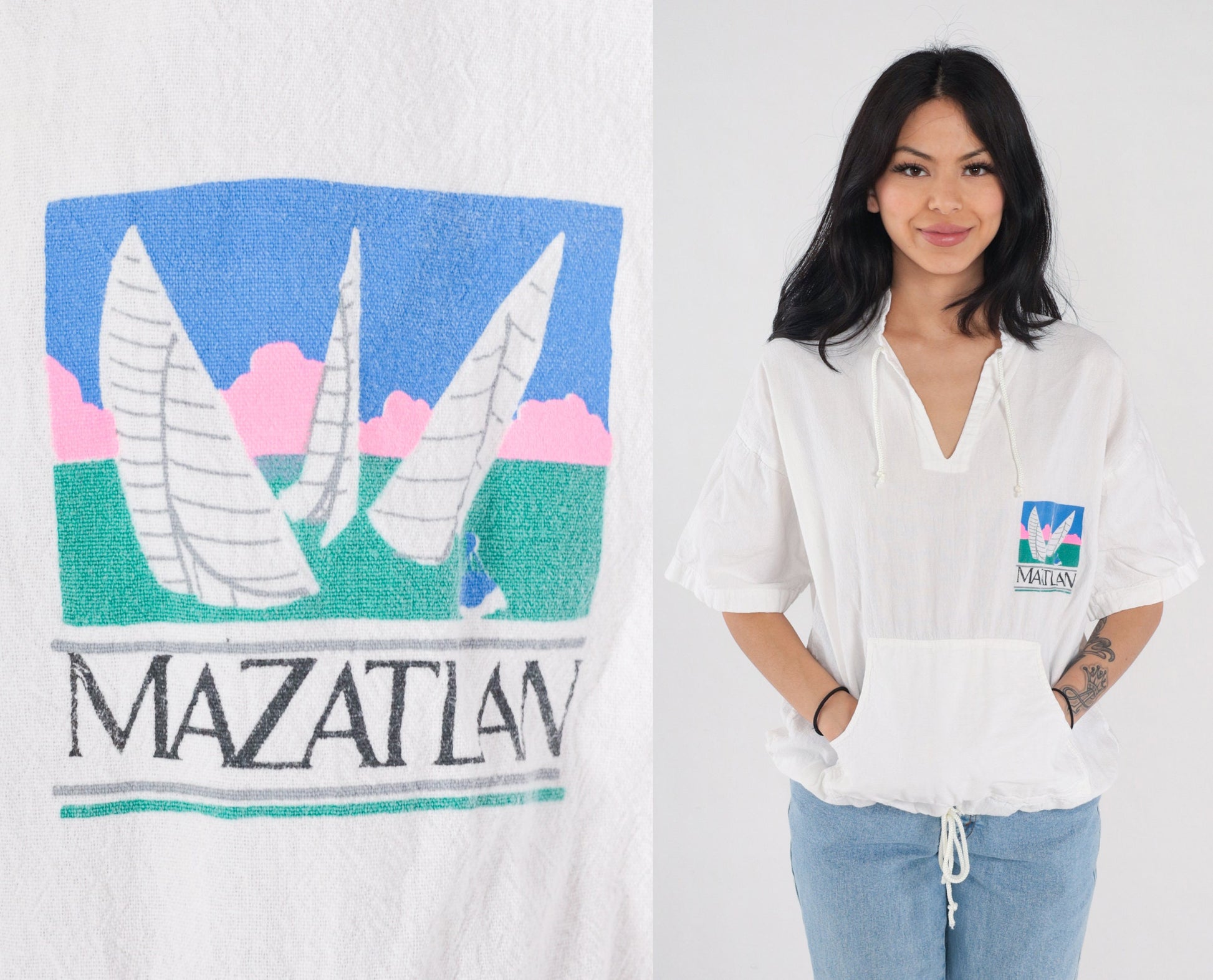00s Mazatlan Sailboat Graphic T-Shirt White V-Neck Kangaroo Pocket Medium