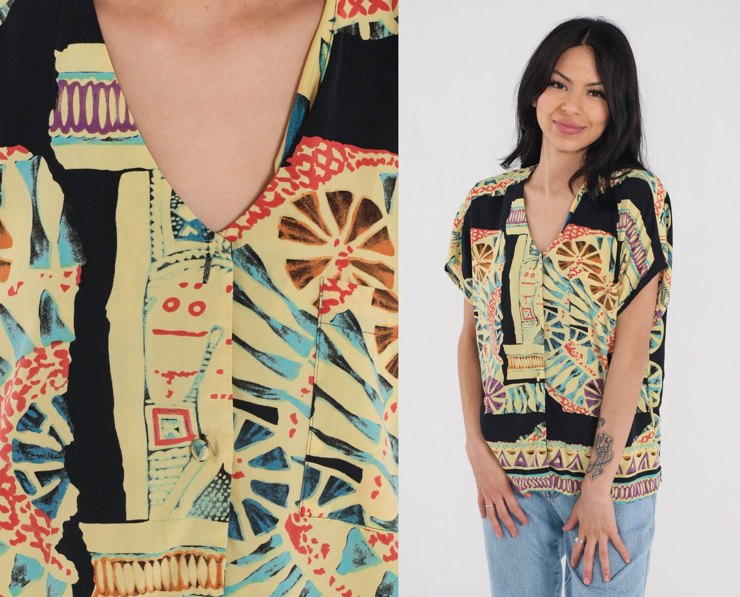 90s Abstract Print Button-Up Blouse Multicolor Short Sleeve Medium M