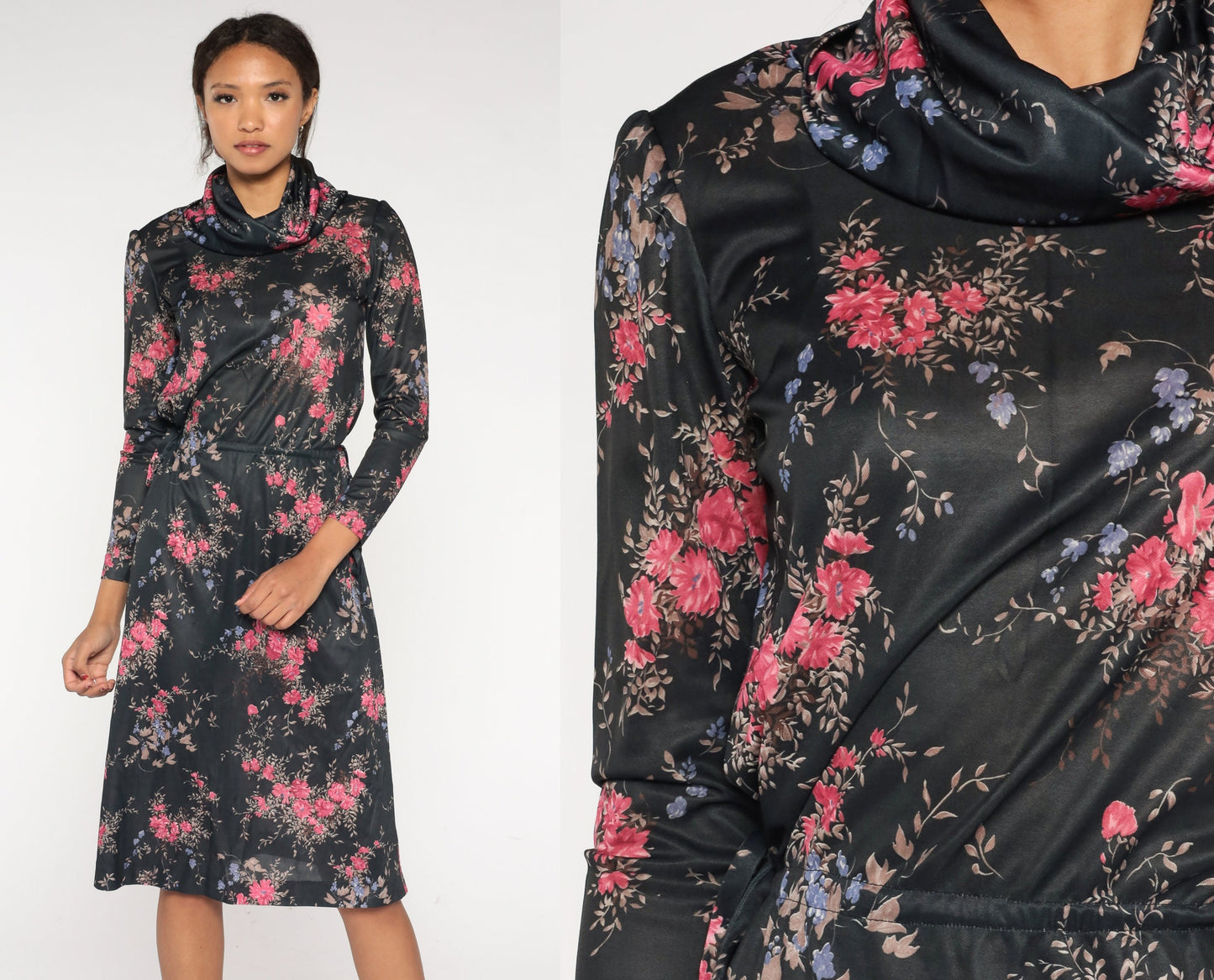 70s Black Floral Midi Dress Cowl Neck High Waist Long Sleeve Small Medium