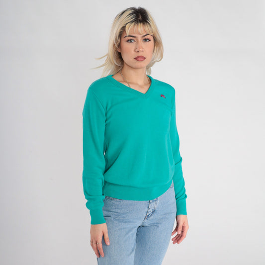 80s Garan Cat Logo V-Neck Knit Sweater Green Medium