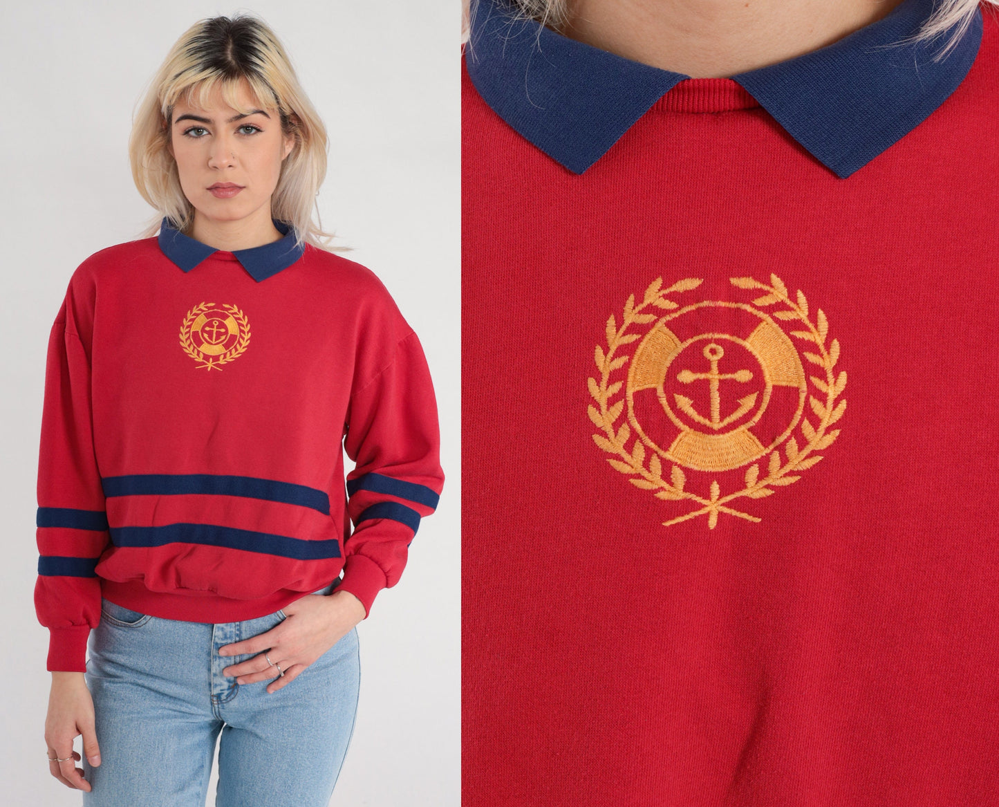 90s Red Anchor Nautical Collared Sweatshirt Blue Striped Pullover Small S