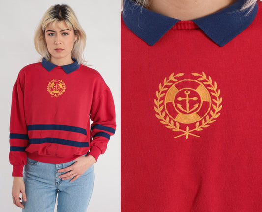 90s Red Anchor Nautical Collared Sweatshirt Blue Striped Pullover Small S