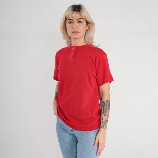 80s Red Henley T-Shirt Single Stitch Cotton Blend Short Sleeve Extra Small