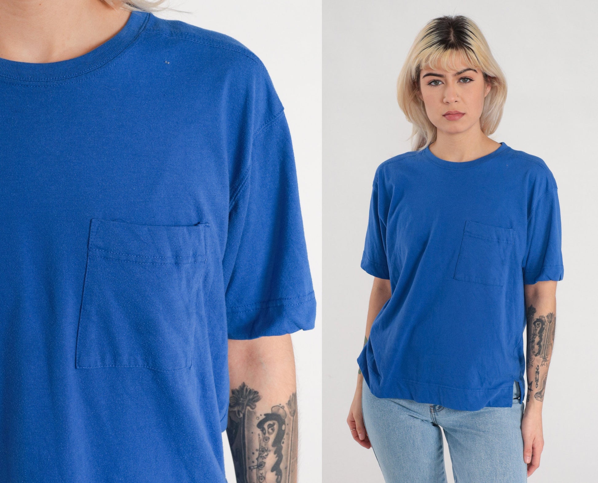 90s Blue Pocket T-Shirt Cotton Blend Short Sleeve Tee Side Slits Large L