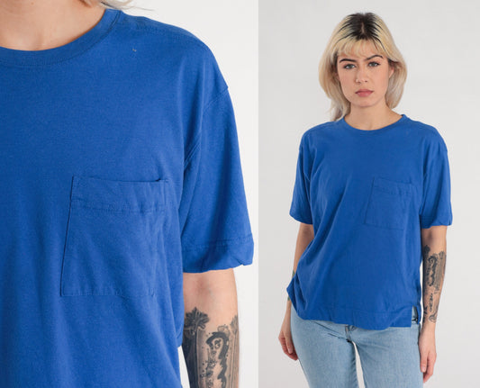 90s Blue Pocket T-Shirt Cotton Blend Short Sleeve Tee Side Slits Large L