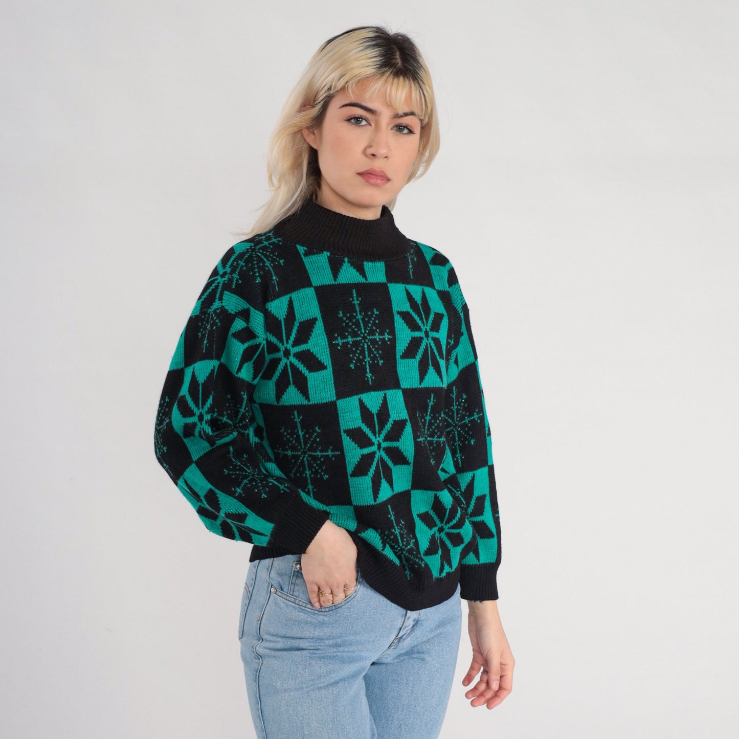 80s Snowflake Mock Neck Sweater Black Green Checkered Knit Pullover Small