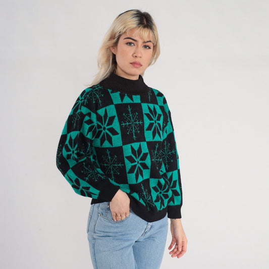 80s Snowflake Mock Neck Sweater Black Green Checkered Knit Pullover Small