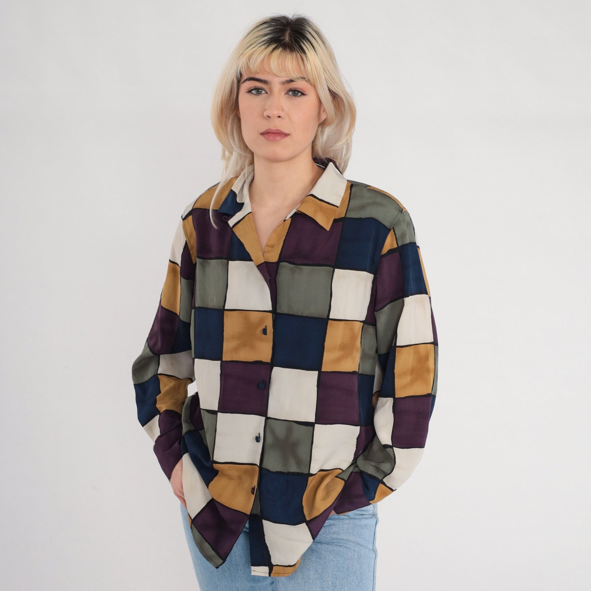 90s Checkered Button Up Blouse Multicolor Checkerboard Print Long Sleeve Medium