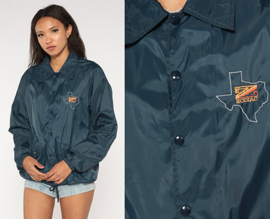80s Zodiac Texas Map Windbreaker Navy Nylon Snap Jacket Medium