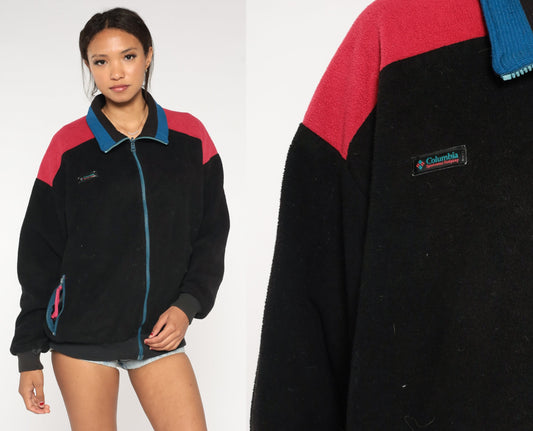 90s Columbia Black Fleece Zip Jacket Red Blue Trim Large L