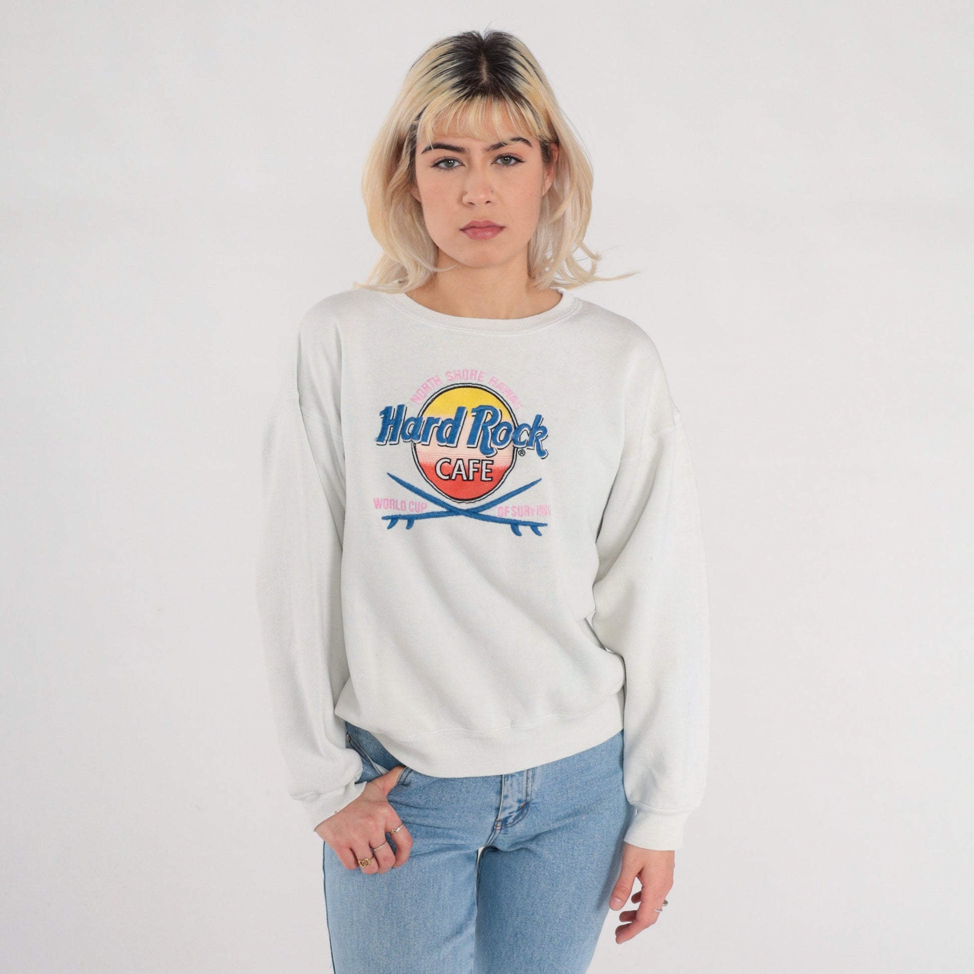 90s Hard Rock Cafe World Cup of Surfing Sweatshirt White Graphic Large L