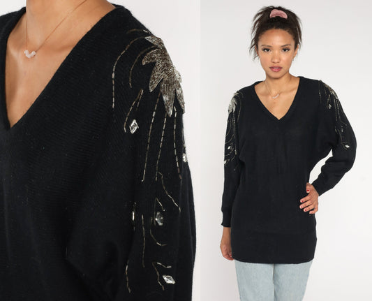 80s Black Knit Sweater Silver Beaded Swirl Dolman Sleeve Pullover Medium