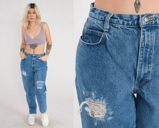 90s Gitano High-Waisted Tapered Mom Jeans Blue Denim Ripped Medium