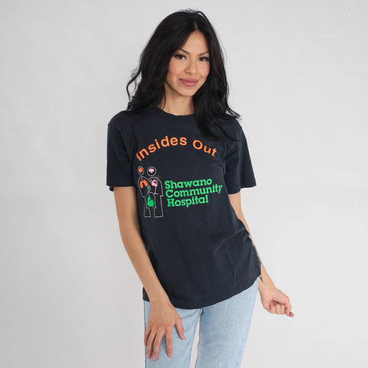 80s Shawano Community Hospital Screen Stars Graphic T-Shirt Black Small