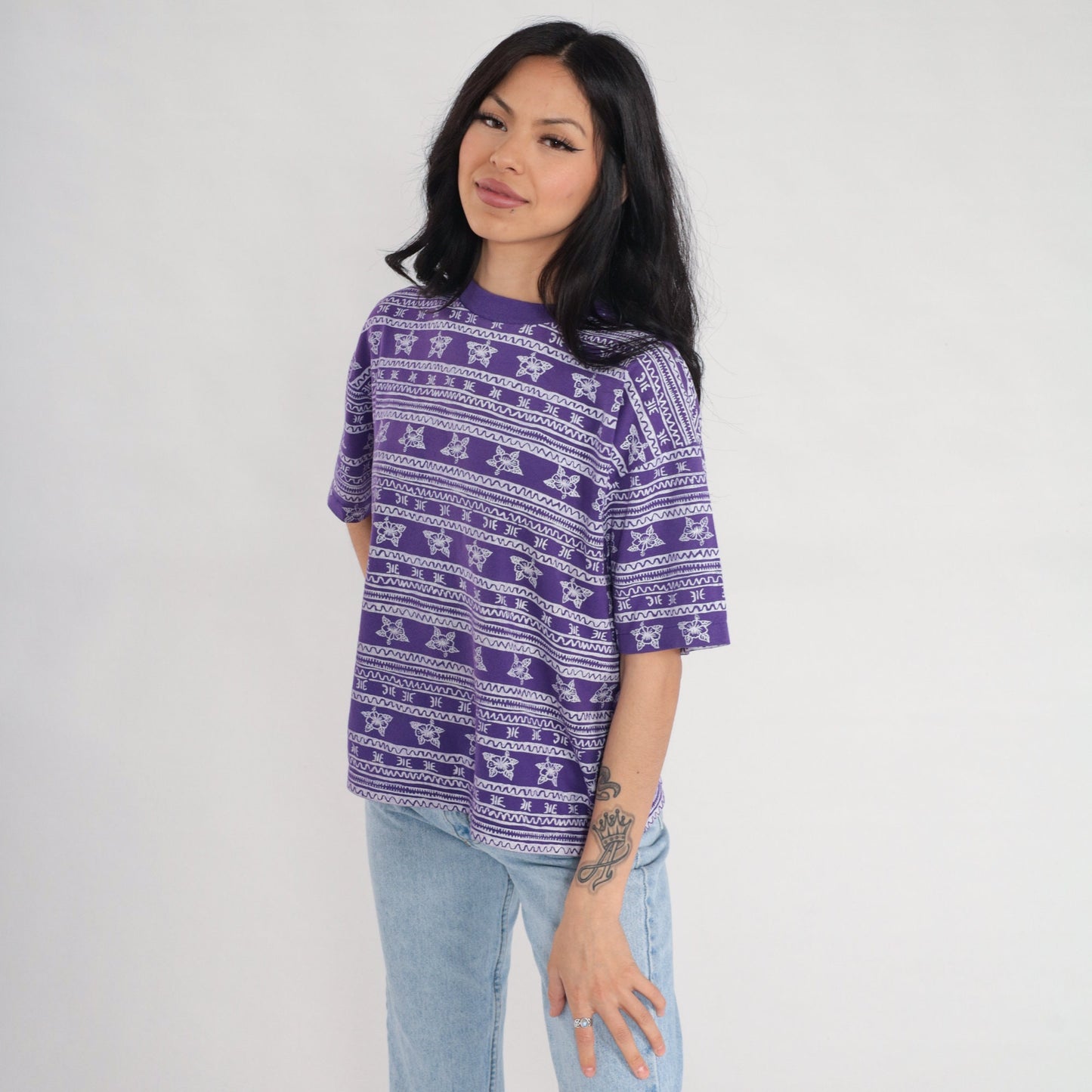 90s Pro Spirit Purple Striped Floral T-Shirt Geometric Print Petite Large