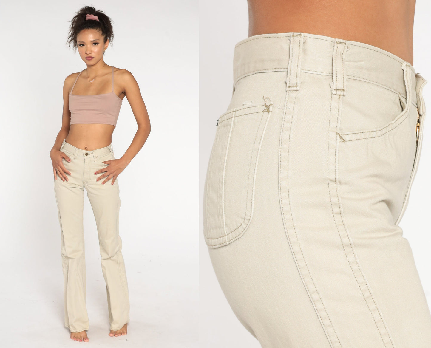 70s Lee Bell Bottom Trousers Beige Mid Rise Flared Pants Extra Small