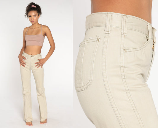 70s Lee Bell Bottom Trousers Beige Mid Rise Flared Pants Extra Small