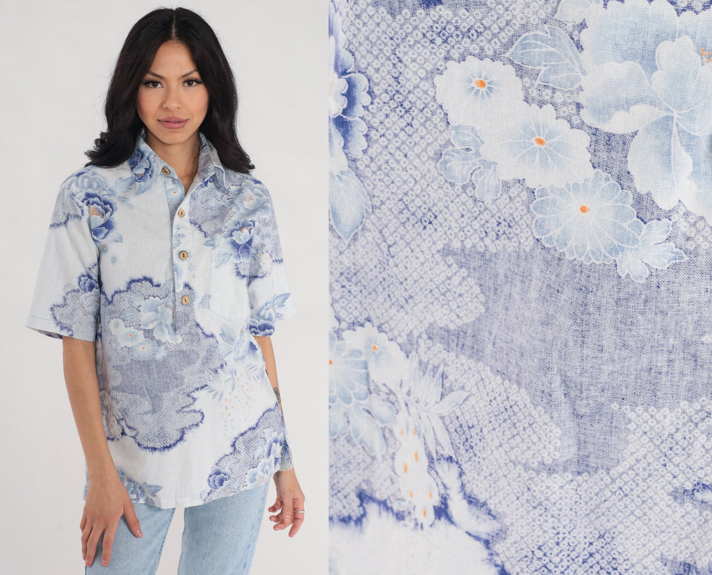 70s Surfline Hawaii Floral Shirt Men's Blue Lotus Print Polo Medium