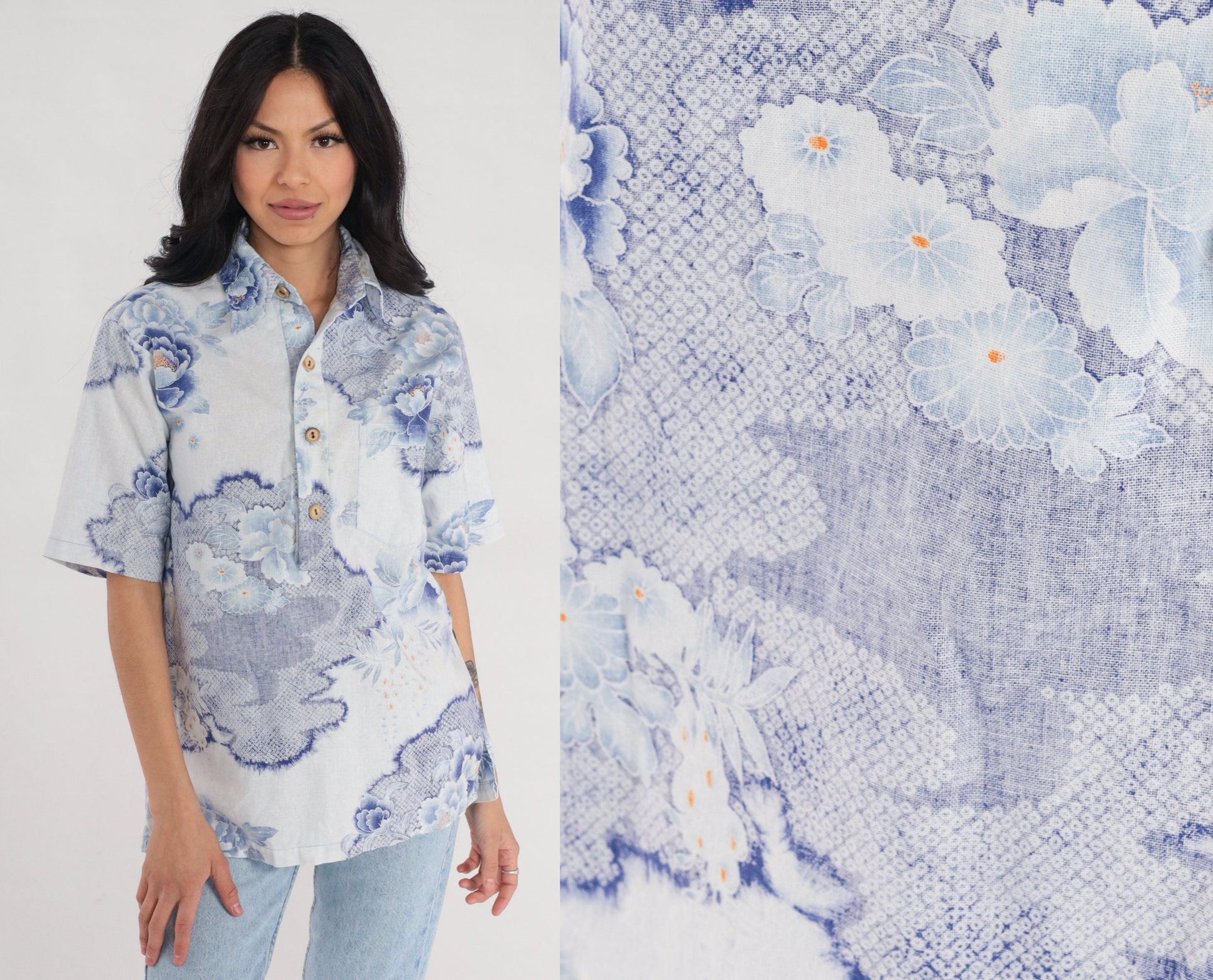 70s Surfline Hawaii Floral Shirt Men's Blue Lotus Print Polo Medium