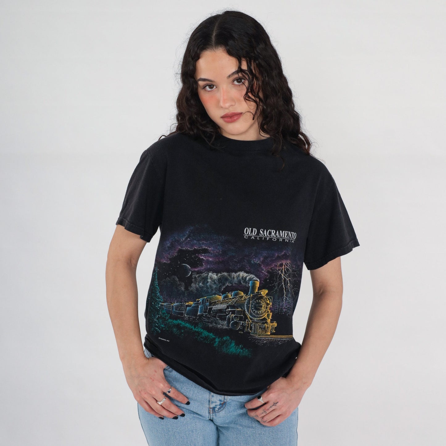 90s Train Shirt Old Sacramento Night Sky Full Moon Graphic Tee Black Medium