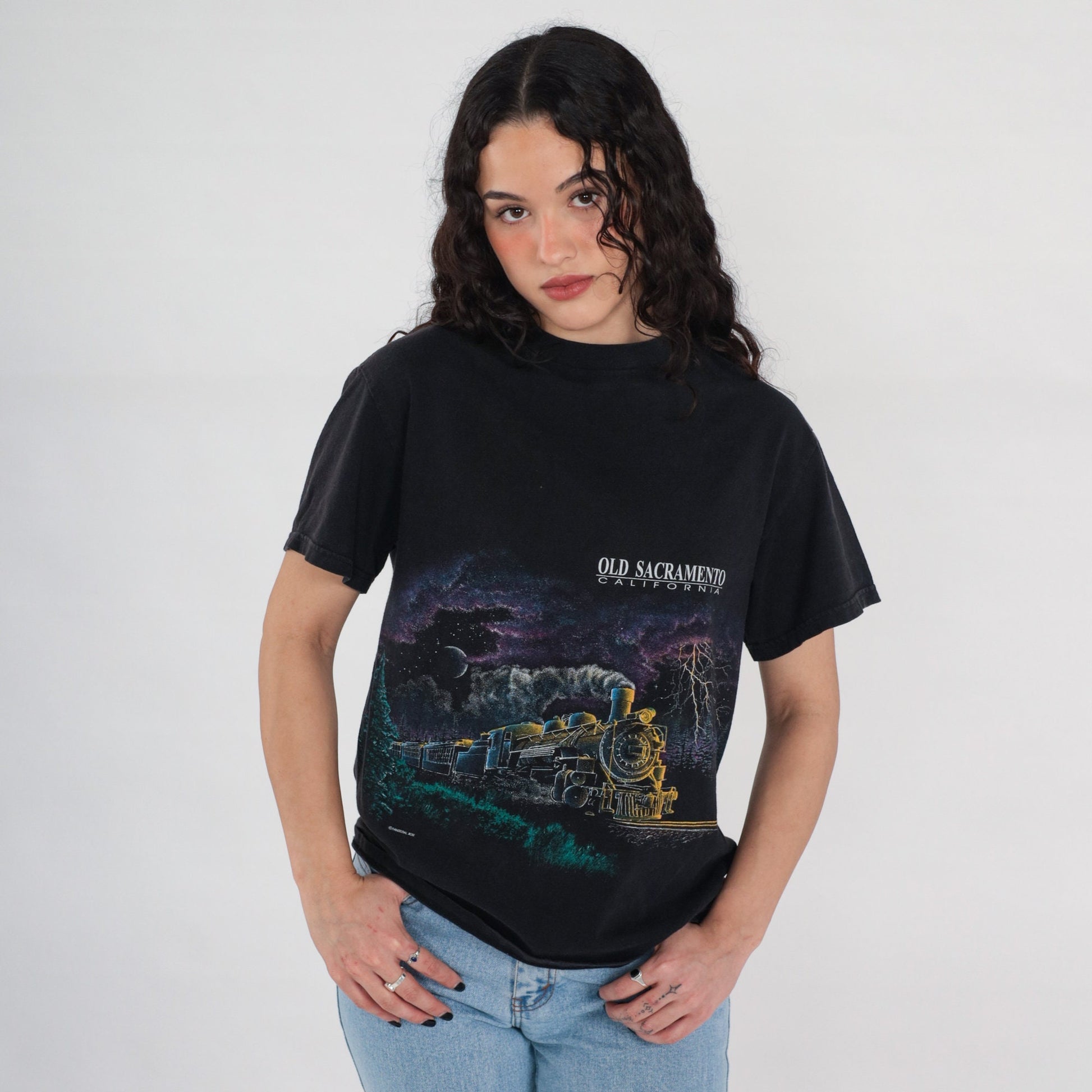 90s Train Shirt Old Sacramento Night Sky Full Moon Graphic Tee Black Medium