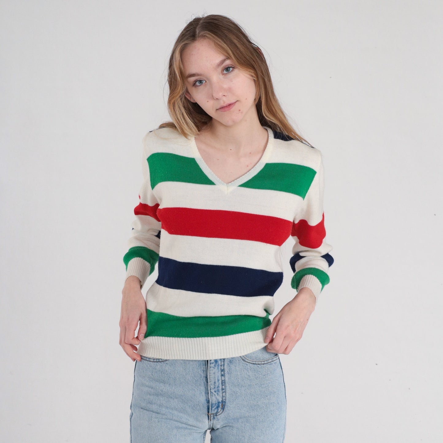80s Striped V-Neck Sweater White Red Green Navy Pullover Small